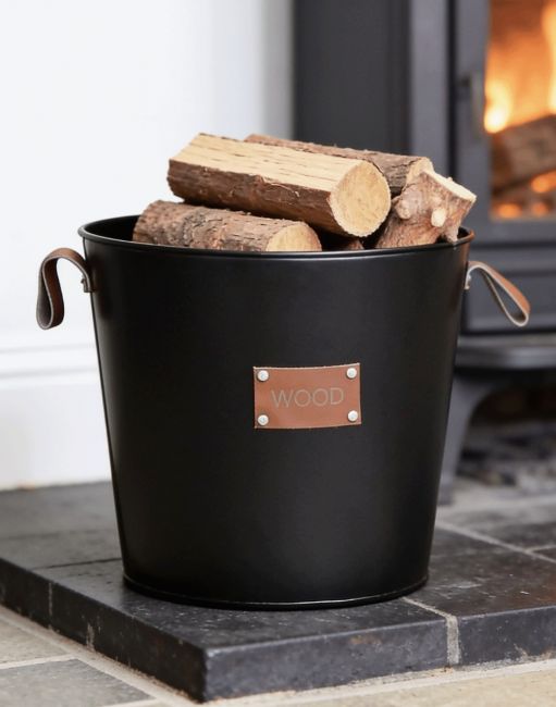 Black & Leather Wood Basket Black & Leather Wood Basket