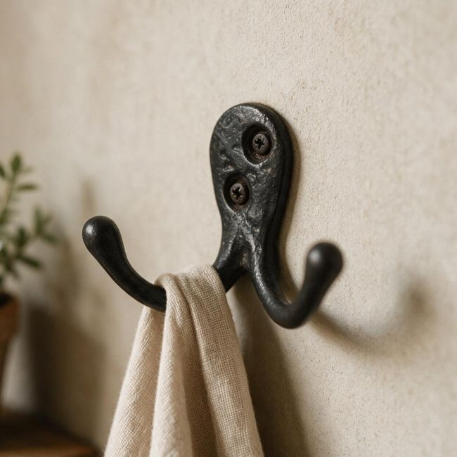The Small Antique Black Iron Double Wall Coat Hook Shown with a Scarf Draped Over it - Digital Illustration