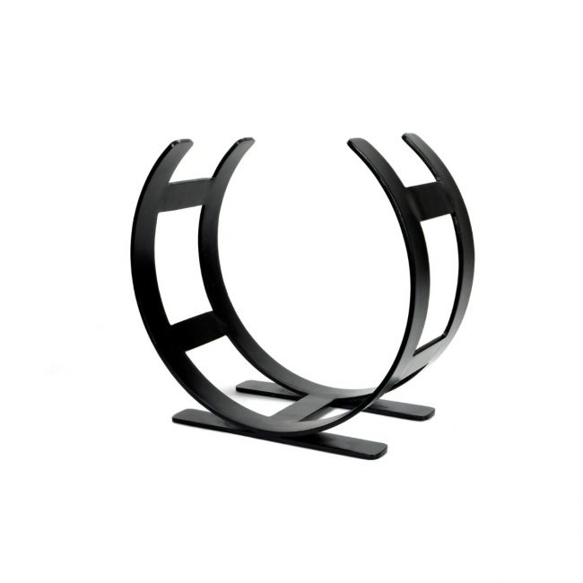 The Small Curved Fireside Log Holder in Matt Black Shown from an Angle on a White Backgroundv