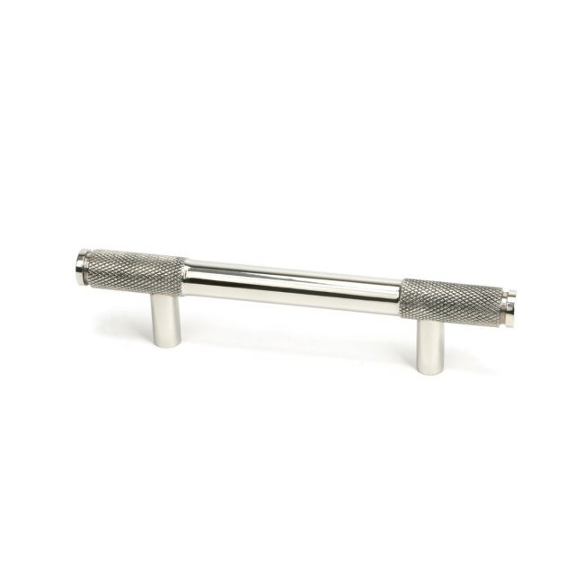 The Small Half Knurled Cabinet Pull Handle in Polished Stainless Steel Shown Upright on a White Background The Small Half Knurled Cabinet Pull Handle in Polished Stainless Steel Shown Upright on a White Background