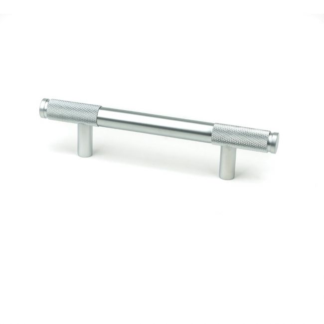 The Small Half Knurled Cabinet Pull Handle in Satin Chrome Shown Upright on a White Background The Small Half Knurled Cabinet Pull Handle in Satin Chrome Shown Upright on a White Background