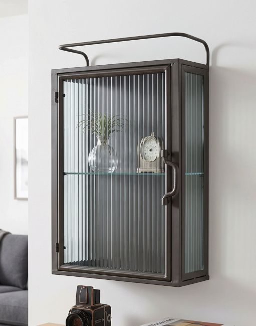 The Small Industrial Ribbed Metal & Glass Wall Unit Mounted on a White Coloured Wall in a Modern Living Room Interior - Digital Illustration