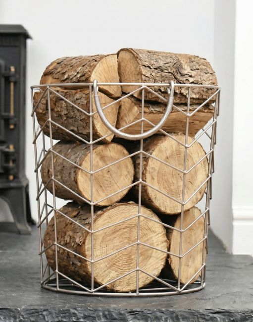 Small Pewter Finish Wire Work Log Basket Small Pewter Finish Wire Work Log Basket