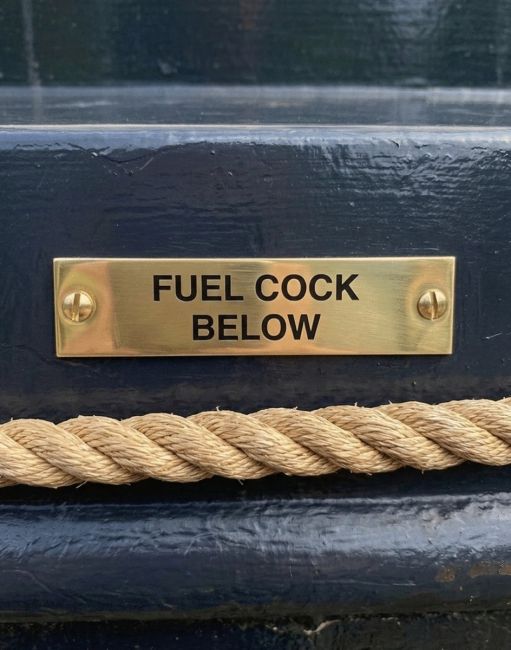 Solid Brass Plaque With Black Lettering Label "fuel cock below"