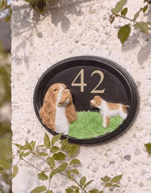 A Number 40 Spaniel Hand Painted House Number Sign Mounted on a Pebble Cottage House - Digital Illustration A Number 40 Spaniel Hand Painted House Number Sign Mounted on a Pebble Cottage House - Digital Illustration