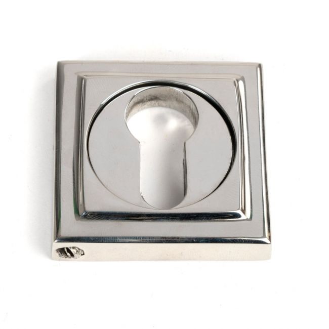The Square Concealed Euro Keyhole Escutcheon in Polished Stainless Steel Shown on a White Background
