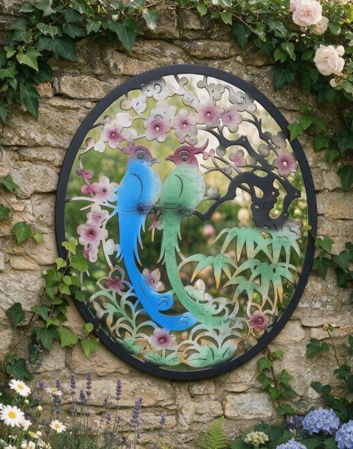Digital Illustration of the Steel Cherry Blossom and Birds Mirrored Wall Art Mounted on a White Wall with Plant Pots in the Background