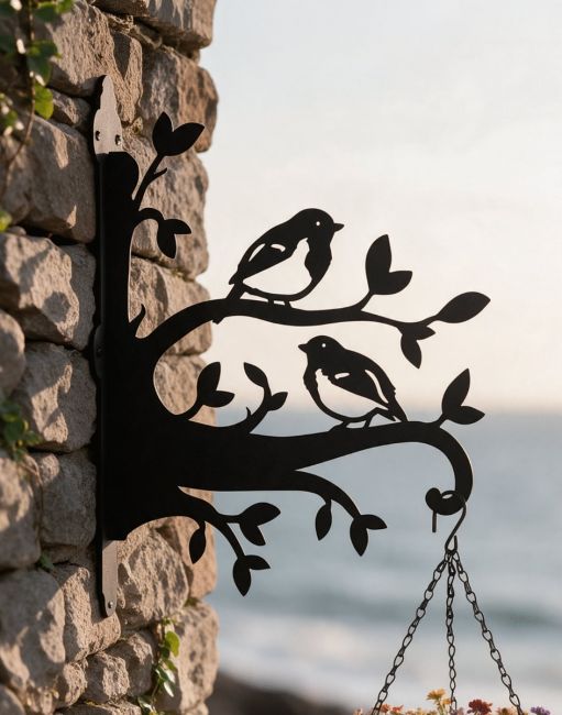 Steel Pair of Robins on Branches Hanging Basket Bracket