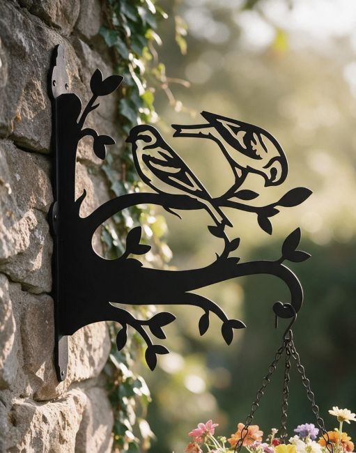 Steel Pair of Siskins on Branches Hanging Basket Bracket