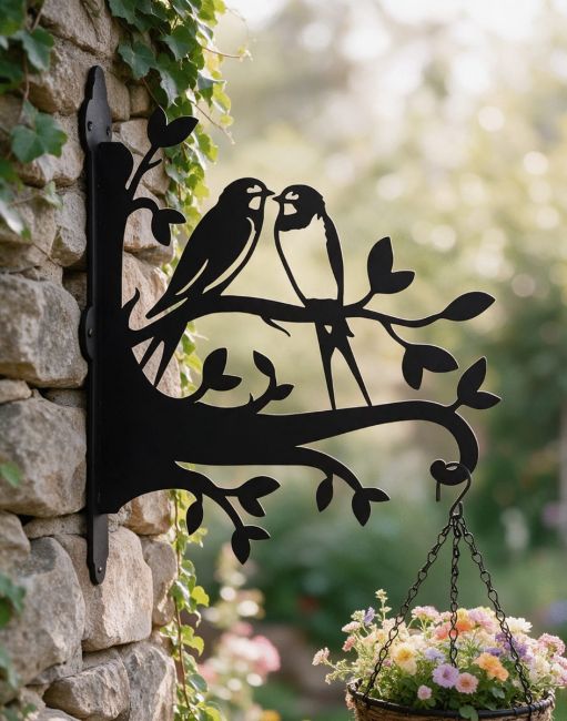 Steel Pair of Swallows on Branches Hanging Basket Bracket