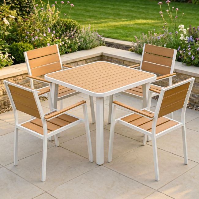 The Strata Slatted 4-Seater Outdoor Dining Set Shown in a Sunny Low Walled Garden - Digital Illustration