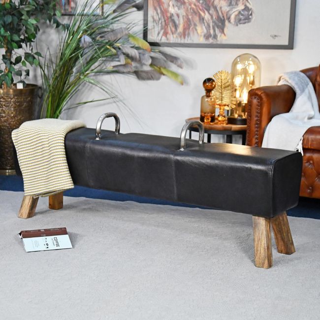 "The Stratford" Iron, Mango Wood & Black Leather Gym Bench in a Modern Sitting Room "The Stratford" Iron, Mango Wood & Black Leather Gym Bench in a Modern Sitting Room