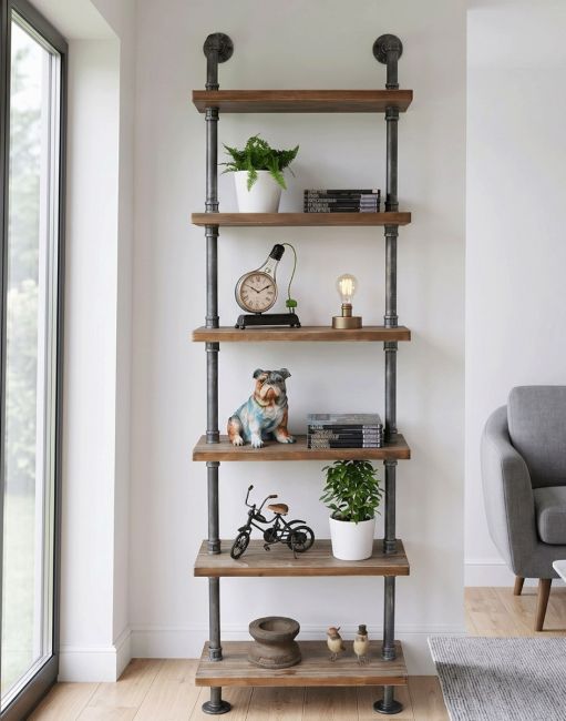 The Tall Industrial Pipe Shelving Unit Stood next to a White Wall in a Contemporary Living Room - Digital Illustration