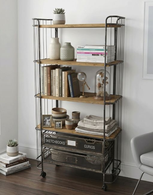 The Tall Industrial Trolley Shelving Unit with a Selection of Curios Displayed in a Modern White Living Room Interior - Digital Illustration