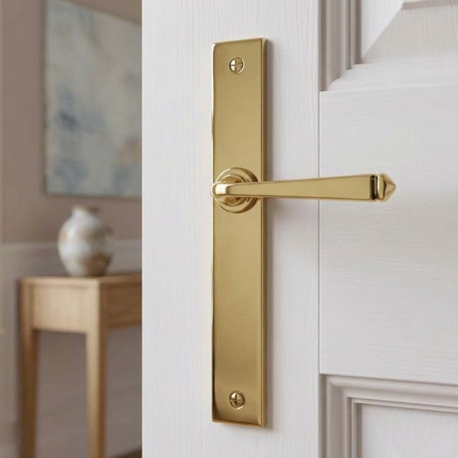 The Tapered Slimline Lever Espagnolette Door Latch in Aged Brass on a White Background 