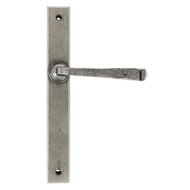 The Tapered Slimline Lever Espagnolette Door Latch in Pewter on a White Background The Tapered Slimline Lever Espagnolette Door Latch in Pewter on a White Background