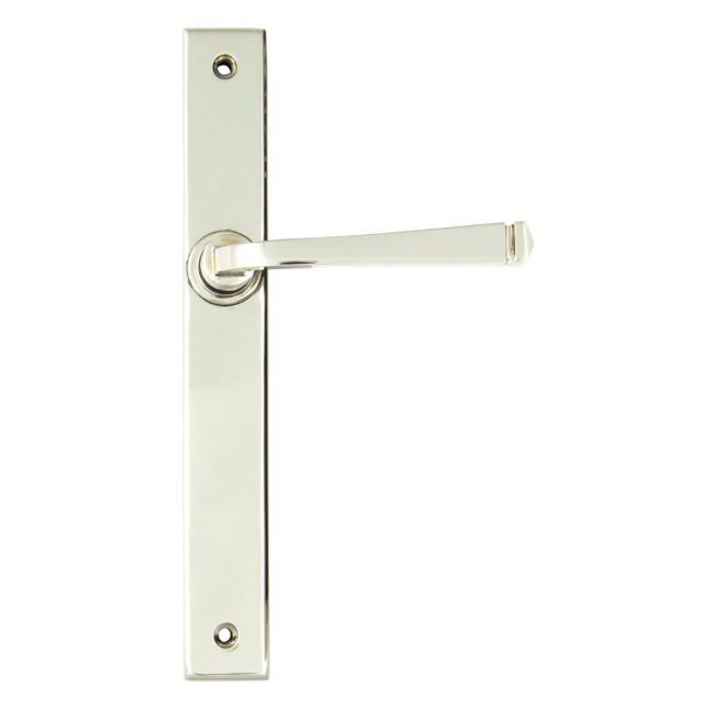 The Tapered Slimline Lever Espagnolette Door Latch in Polished Nickel on a White Background The Tapered Slimline Lever Espagnolette Door Latch in Polished Nickel on a White Background