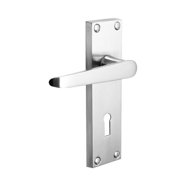The Polished Chrome Victorian Straight Lock Door Handles - 150mm Keyhole Lever Pair on a White Background