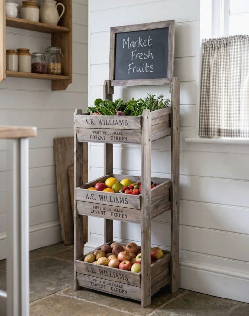 The Three Tier Crate Display Stand With Chalk Board Placed in a Pantry to hold Fruit and Vegetables - Digital Illustration