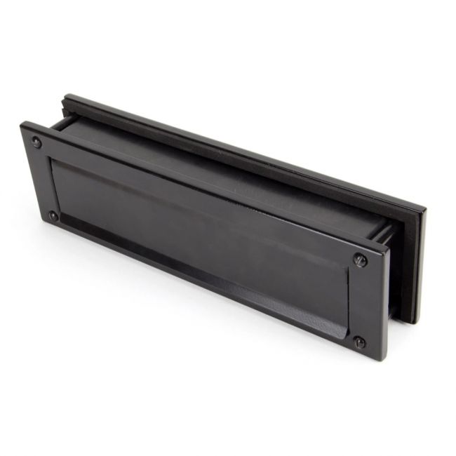 The Traditional 12 Inch Front Door Letter Plate - Antique Period Style Flap in a Black Finish Viewed from the Front The Traditional 12 Inch Front Door Letter Plate - Antique Period Style Flap in a Black Finish Viewed from the Front