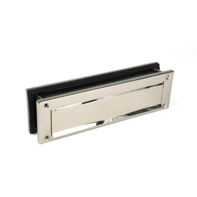 The Traditional 12 Inch Front Door Letter Plate - Antique Period Style Flap in a Polished Nickel Finish Shown from the Front The Traditional 12 Inch Front Door Letter Plate - Antique Period Style Flap in a Polished Nickel Finish Shown from the Front
