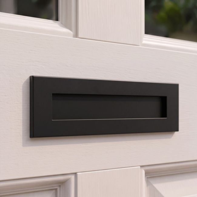 The Traditional 12 Inch Front Door Letter Plate - Antique Period Style Flap in a Black Finish Viewed from the Front The Traditional 12 Inch Front Door Letter Plate - Antique Period Style Flap in a Black Finish Viewed from the Front