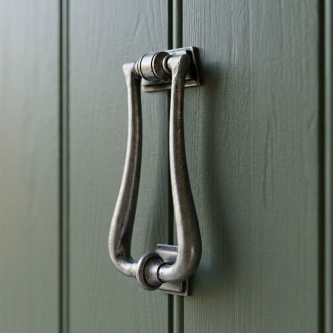 The Traditional Antique Pewter "Art Deco" Door Knocker on a Sage Green Wooden Front Door - Digital Illustration