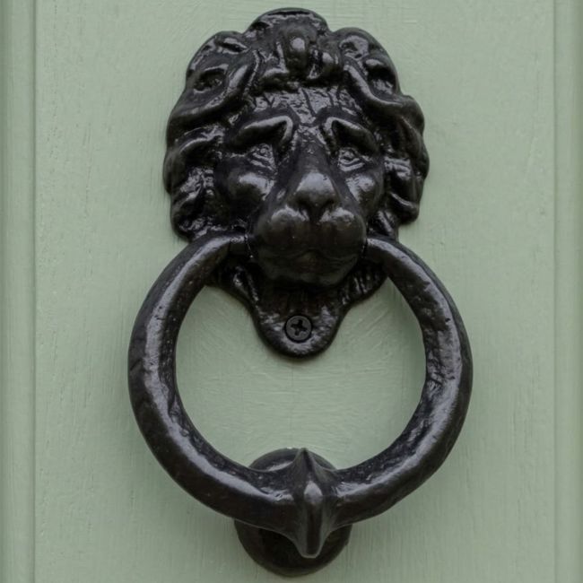 The Traditional Black Iron Lion Door Knocker on a Light Green Door Shown at an Angle - Digital Illustration