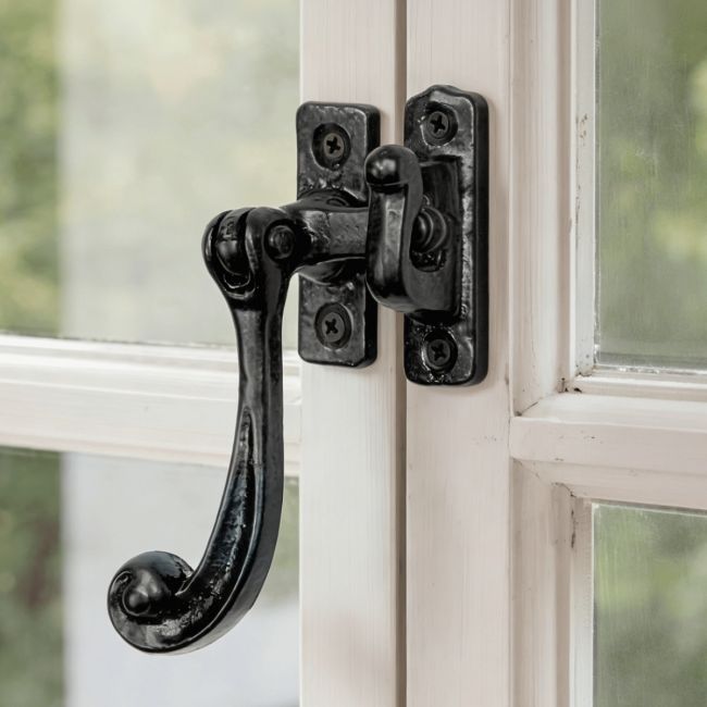 The Traditional Black Iron Window Casement Stay With Hook Plate Attached to a Vintage White Wooden Window Frame - Digital Illustration