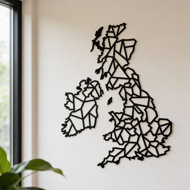 United Kingdom Geometric Steel Map Art on a Rustic Wall