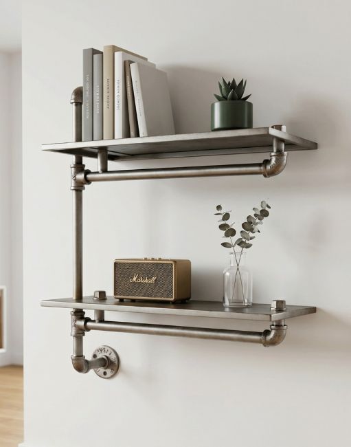 The Urban Industrial Pipe Shelving Unit on a White Wall in a Modern Interior - Digital Illustration 
