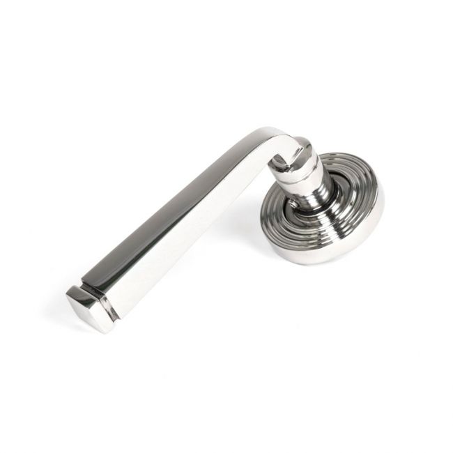 The Valen Tapered Sprung Handle Set on a Beehive Rose in Polished Stainless Steel Shown Lying on its Side on a White Background