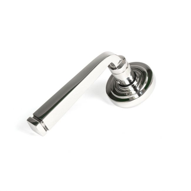 The Valen Tapered Sprung Handle Set on an Art Deco Rose in Polished Stainless Steel Shown Lying on its Side on a White Background