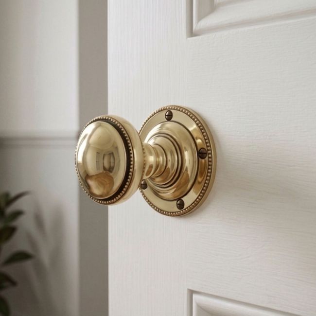 The Victorian Inspired Polished Brass Mortice Door Knob Set on a Deluxe White Wooden Door - Digital Illustration The Victorian Inspired Polished Brass Mortice Door Knob Set on a Deluxe White Wooden Door - Digital Illustration