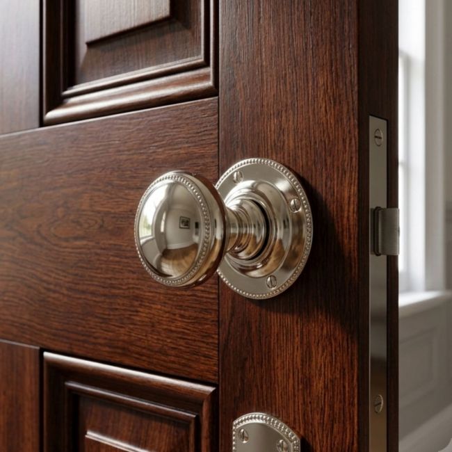 The Victorian Inspired Polished Nickel Mortice Door Knob Set on a Dark Coloured Wooden Door in a Interior Setting - Digital Illustration The Victorian Inspired Polished Nickel Mortice Door Knob Set on a Dark Coloured Wooden Door in a Interior Setting - Digital Illustration