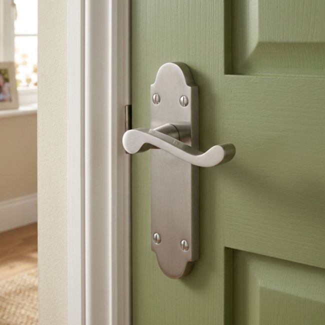 The Polished Chrome Arched Backplate Door Handles - Victorian Scroll Latch Pair on a White Background The Polished Chrome Arched Backplate Door Handles - Victorian Scroll Latch Pair on a White Background