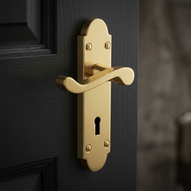 the Polished Brass Arched Backplate Lock Handles - Victorian Scroll Keyhole Lever Pair on a White Background