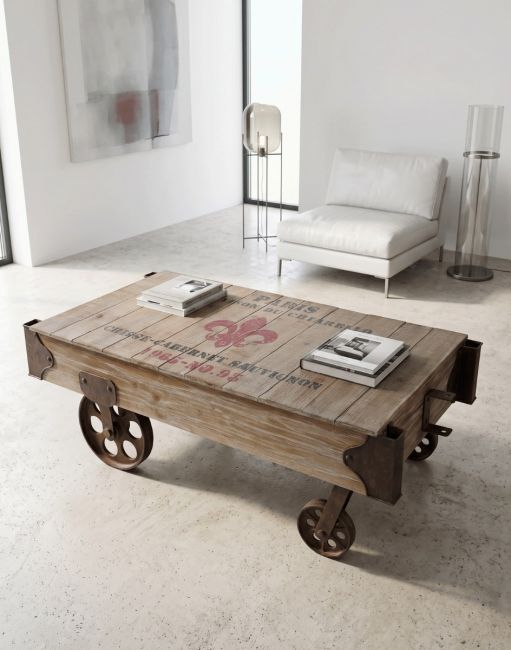 The Vintage "Railway" Coffee Table Placed in the Centre of a Modern Living Room - Digital Illustration 