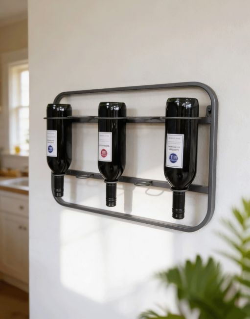 The Wall Mounted Steel Wine Rack Fixed on a White Wall Next to a Contemporary Kitchen - Digital Illustration 