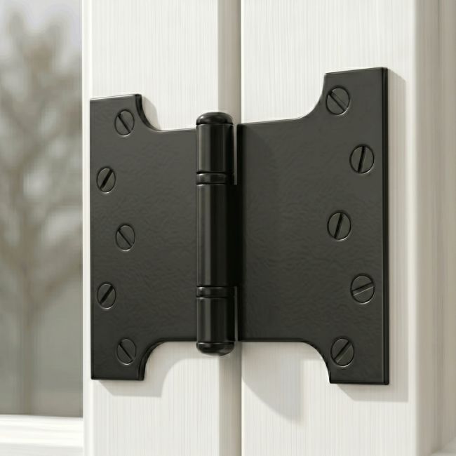 The Wide Black Iron Parliament Hinge Pair Mounted on a Classic White Wooden Window Frame in a Country Home - Digital Illustration