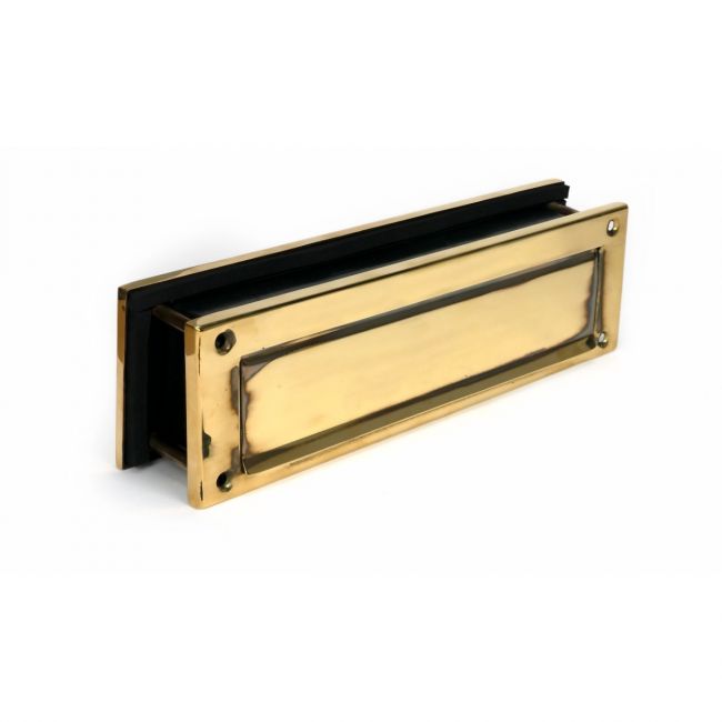 Traditional 12 Inch Front Door Letter Plate - Antique Period Style Flap in an Aged Brass Finish Viewed from the Front Traditional 12 Inch Front Door Letter Plate - Antique Period Style Flap in an Aged Brass Finish Viewed from the Front