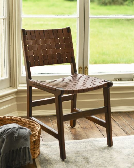 Traditional Cross Hatch Tan Leather Wooden Chair