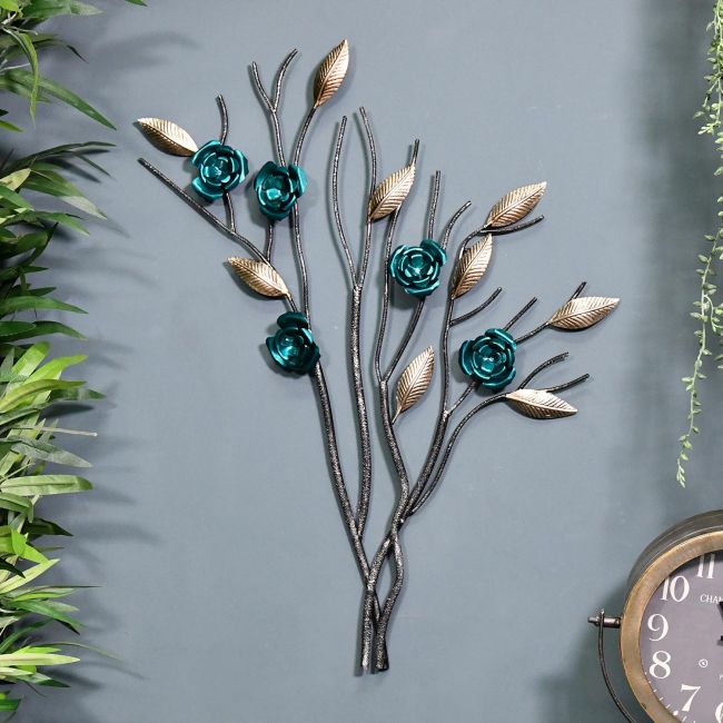 Turquoise Rose Branch Wall Art on a Blue Wall Turquoise Rose Branch Wall Art on a Blue Wall