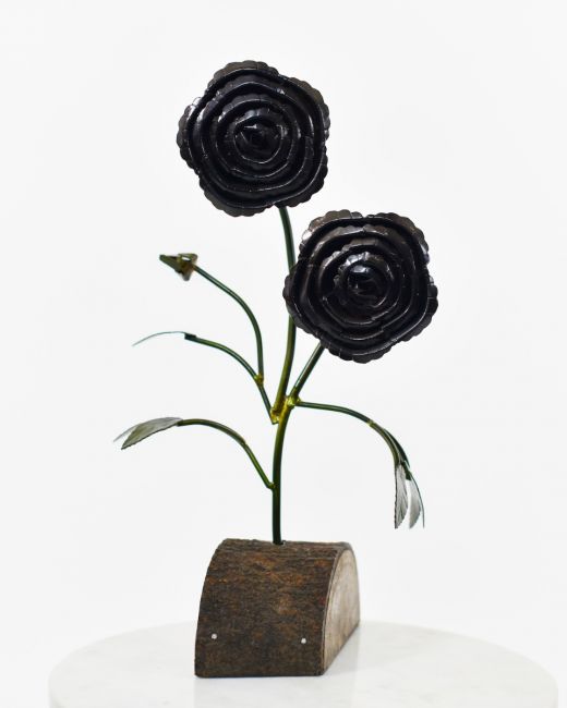 Twin bloom Upcycled Steel Botanical Sculpture in Wooden Base - Black Twin bloom Upcycled Steel Botanical Sculpture in Wooden Base - Black