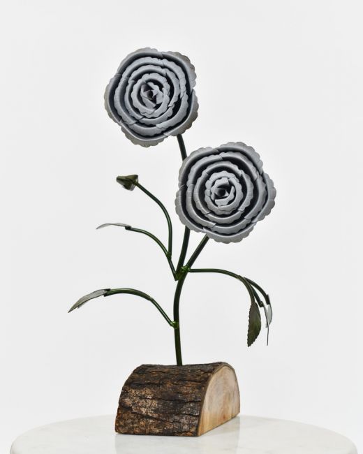 Twin bloom Upcycled Steel Botanical Sculpture in Wooden Base - Silver Twin bloom Upcycled Steel Botanical Sculpture in Wooden Base - Silver