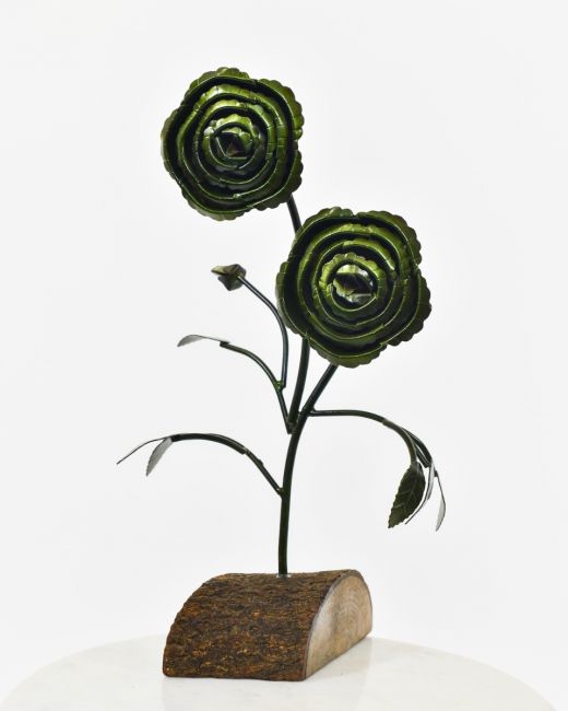 Twin bloom Upcycled Steel Botanical Sculpture in Wooden Base -Green Twin bloom Upcycled Steel Botanical Sculpture in Wooden Base -Green