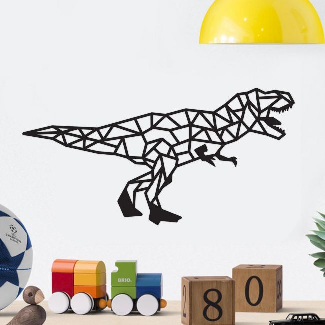 Geometric Iron T-Rex Wall Art Next to Children"s Toys Geometric Iron T-Rex Wall Art Next to Children"s Toys