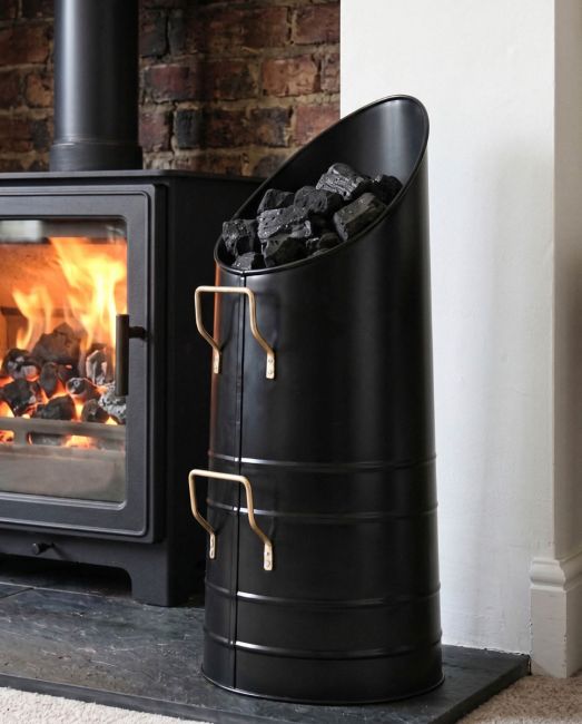 The Sleek Black & Polished Brass Coal Hod on a Cream Carpet in Front of a Glowing Log Burner Stove - Digital Illustration