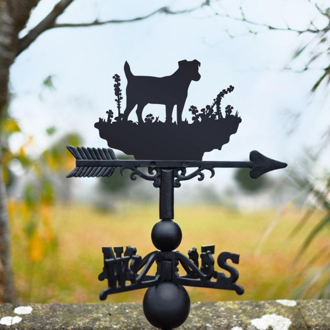 Jack Russel Pedigree dog weathervane in garden Jack Russel Pedigree dog weathervane in garden