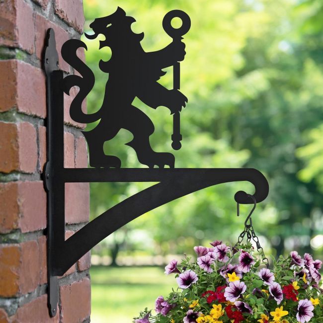 Lion & Staff Hanging Basket Bracket in Garden Lion & Staff Hanging Basket Bracket in Garden